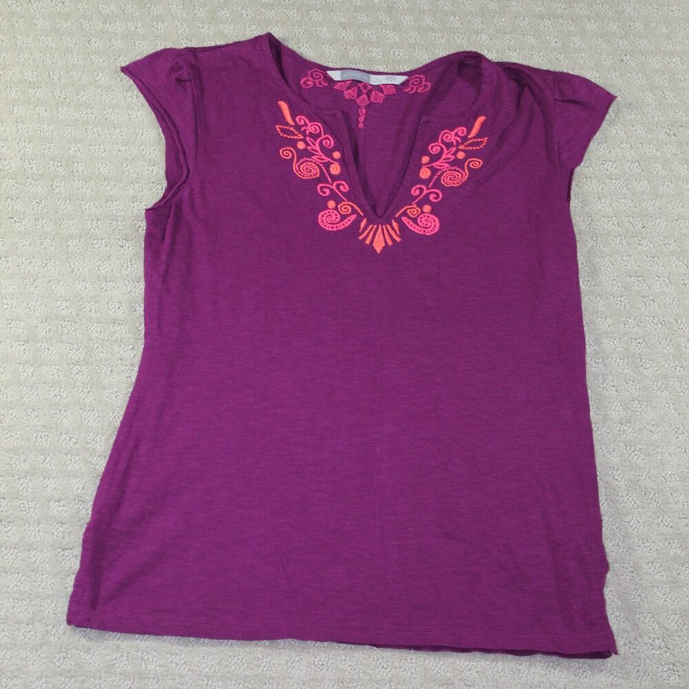 Women's Small Athleta Purple with Orange Embroidered Cap Sleeve Top
